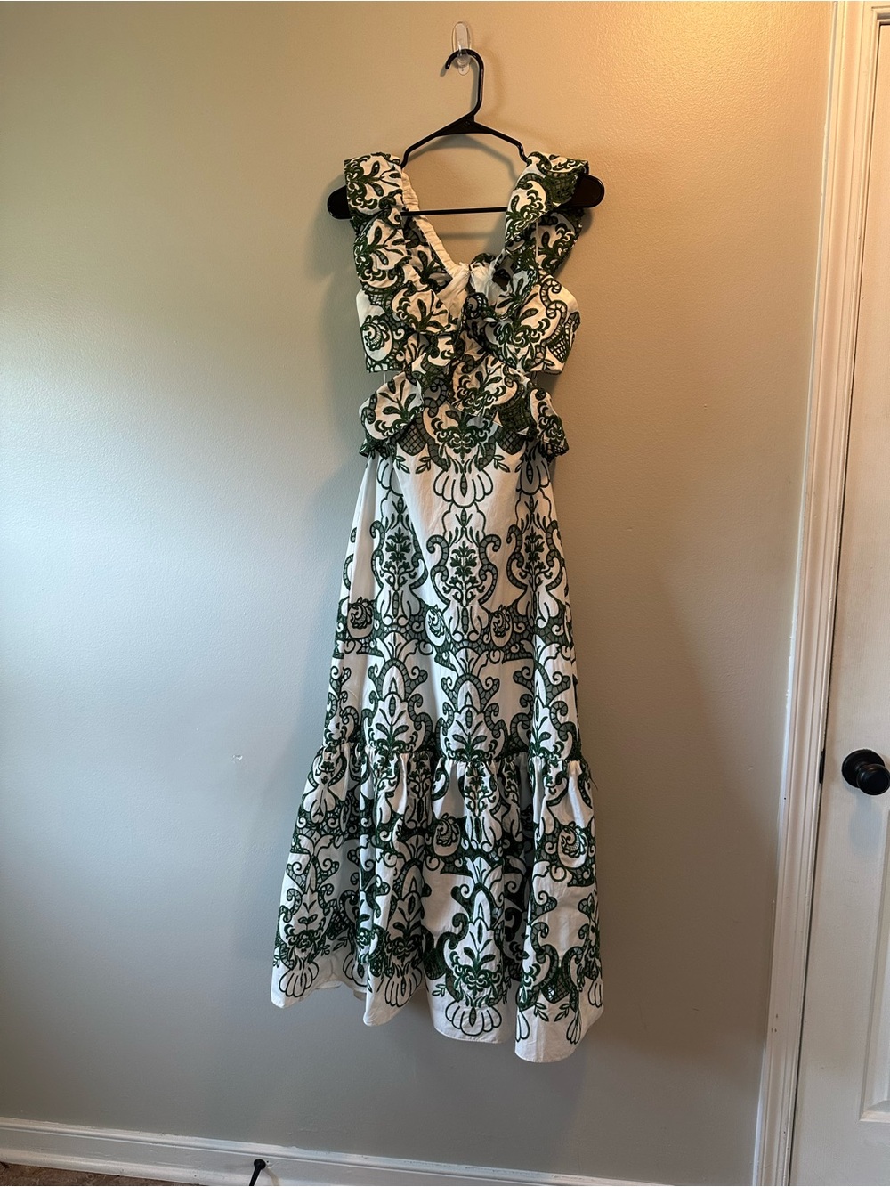 ZARA NWT Green White Floral Damask Ruffle Midi Dress Sleeveless Tiered